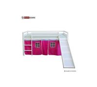 Lit Simple Blanc 90x200 en hauteur avec echelle et rideau Rouge et Toboggan