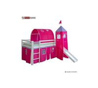 Lit Simple Blanc 90x200 en hauteur avec echelle Rideau Tour Tunnel Rouge et toboggan