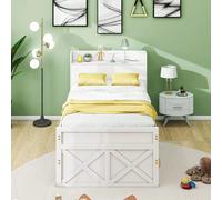 Lit simple bois massif pin 90x190, tiroir extensible, sommier, table de chevet USB, blanc.