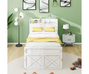 Lit simple bois massif pin 90x190, tiroir extensible, sommier, table de chevet USB, blanc.