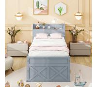 Lit simple bois pin 90x190, tiroir, table de nuit avec USB, gris