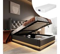 Lit simple capitonné 90*200, noir PU, rangement hydraulique, tête de lit USB-C, LED 3 faces (avec matelas)