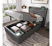 Lit simple capitonné 90x200 avec rangement, USB-C, tête de lit, cadre lin, ado (cadre lattes, sans mat)