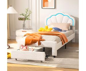 Lit simple capitonné 90x200 cm avec tiroirs, sommier à lattes, velours, bande lumineuse LED - Blanc