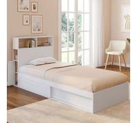Lit simple clem avec rangement, tête de lit et sommier 90 x 190 cm blanc et hêtre
