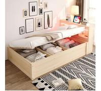 Lit simple coffre - YEHTOKHOME - Canapé-lit 90×200 cm - Tête de lit rangement & prises - LED RGB - Coffre hydraulique