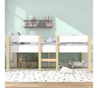 Lit simple de 90x190 cm avec structure en pin et échelle/barrière de sécurité – Lit pour enfant avec espace ouvert en dessous, en bois, de couleur blanche et chêne