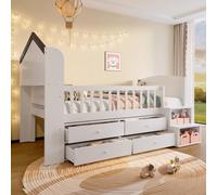 Lit simple, design rectangulaire, avec fenêtre, 4 tiroirs, éclairage LED, échelle intégrée, sans matelas, dimensions 90x200 cm, couleur blanche