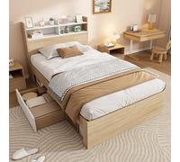 Lit simple en bois 90 x 200 cm, lit bicolore avec tablette de tête de lit, 2 tiroirs et compartiments ouverts, lit avec rangement pratique pour les petites pièces, sans matelas