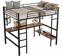 Lit simple en métal, lit en fer avec bureau intégré, lit superposé avec quatre petites étagères et une grande bibliothèque, pour enfants, adolescents et adultes, blanc, 90x200 cm (noir, 90x200 cm)