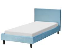 Lit Simple en Velours Bleu Clair 90 x 200 cm Sommier à Lattes Tête de Lit Fitou