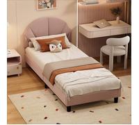 Lit simple enfant 90x190 cm avec Tête de lit coquille réglable,Sommier,lit ado,Bois Massif,Pieds de Support renforcés,Velours Rose