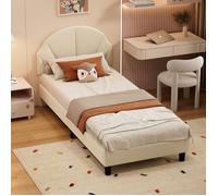 Lit simple enfant 90x200 cm avec Tête de lit coquille réglable,Sommier,lit ado,Bois Massif,Pieds de Support renforcés,Velours Beige