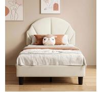Lit Simple Enfant 90x200 Velours Beige Design Moderne, Tête Coquille Réglable, Sommier Lattes FSC, Cadre Acier 200kg Planches de Lit