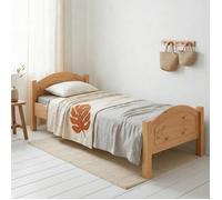 Lit simple FLIMS 90 x 200 cm lit pour enfant en pin massif lasuré couleur hêtre, avec tête et pied de lit arrondi