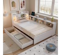Lit simple, lit à panneaux, tête de lit avec compartiment de rangement + 2 lampes, avec prise de recharge, armoires de rangement latérales et tiroirs, 90 x 200 cm