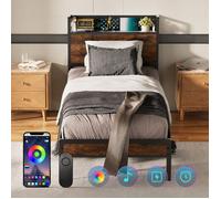 Lit Simple Métal Bois 90x200cm Marron - LED + 3 Ports USB & 1 Type-C - Rangement Tête et Pied - 14 Sommier Lattes - Lit 1 Places