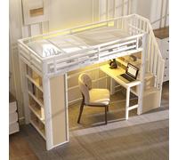 Lit simple MODFU pour adolescent 90 x 200 cm avec bureau et compartiments de rangement ouverts, cadre de lit avec bande lumineuse LED, lit mezzanine avec barrière de sécurité, sans matelas, blanc