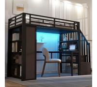 Lit simple MODFU pour adolescent 90 x 200 cm avec bureau et compartiments de rangement ouverts, cadre de lit avec bande lumineuse LED, lit mezzanine avec barrière de sécurité, sans matelas, noir