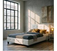 Lit simple pour adulte MARLON avec sommier 120x190 cm 1 place et demi/1 personne tête et pied de lit capitonnés en synthétique blanc