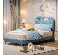 Lit simple pour enfant 100×190 cm Lit rembourré 1 personne Sommier en velours et sommier à lattes et tête de lit réglable, Bleu