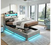 Lit simple pour enfant - 90 x 200 cm - Éclairage LED - Port de charge USB - Rangement intégré - Sommier à lattes - Gris