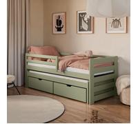 Lit simple 90x200 avec lit gigogne 90x190 avec deux tiroirs, protection contre les chutes et sommiers à lattes, bois massif en vert olive, lit fonctionnel pour enfants