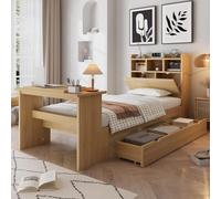 Lit simple pour enfant, lit pour adolescent avec rangement, structure de lit avec étagère à la tête, tiroir coulissant et table rabattable réglable, montage flexible des tiroirs, couleur bois naturel,
