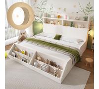 Lit simple pour enfant Merax, dimensions 140x200 cm, avec étagère et veilleuses, lit en bois avec bibliothèque amovible, lit pour adolescents en bois massif avec sommier à lattes, couleur blanche
