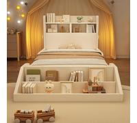 Lit simple pour enfant Merax, dimensions 90x200 cm, avec étagère et veilleuses. Lit en bois avec bibliothèque amovible. Lit pour adolescents en bois massif avec sommier à lattes, de couleur blanche