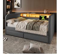 Lit simple rembourré, 140 x 190 cm, avec éclairage LED et port de recharge USB-C, 2 tiroirs et tête de lit avec rangement, lin, gris