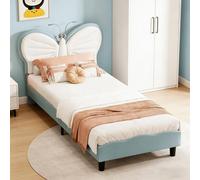 Lit simple rembourré, 90 x 190 cm, lit pour enfant avec tête de lit réglable en forme de papillon et lampe de lecture, structure de lit avec sommier à lattes, velours, rose