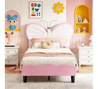 Lit simple rembourré, 90 x 190 cm, lit pour enfant avec tête de lit réglable en forme de papillon et lampe de lecture, structure de lit avec sommier à lattes, velours, rose