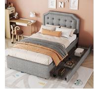 Lit simple rembourré 90 x 200 cm avec double tiroir, Lit adulte avec tete de lit de rivets décoratifs, Lit 1 Personne, Gris