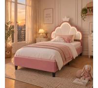 Lit Simple Rembourré 90x190 cm avec LED,Lit Fille pour Enfant,Velours,Rose | Lit princesse 90x190,lit d'Adolescent avec Tête de Bed Réglable en Hauteur Princesse Couronne et Sommier à Lattes
