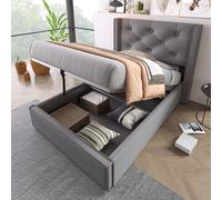 Lit simple rembourré à réglage hydraulique 90 x 200 cm, lit avec sommier à lattes et cadre métallique, structure de lit moderne avec espace de rangement, coton, gris