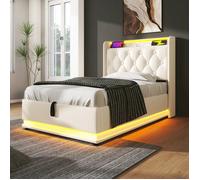 Lit simple rembourré - LANGTU - PU blanc 90x200 - LED panoramique 360° - Tête capitonnée USB-C - Coffre hydraulique