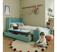 Lit simple rembourré pour enfant, avec table de chevet rabattable, tiroir de rangement, design château, protections anti-choc souples, tissu velours, bleu-vert, dimensions 90x200 cm