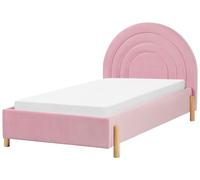 Lit Simple Rose en Velours 90 x 200 cm avec Tête de Lit Ronde Style Rétro Anet