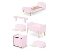 Lit simple rose + sommier + Chevet + Etagères 45cm/65cm + Coffre jouets + Barrière lit