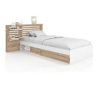 Lit simple SAVANA avec tête de lit, chevets, rangements et sommier 90 x 190 cm façon hêtre et blanc