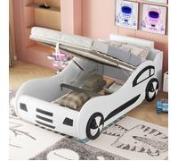 Lit plat, 90 x 200cm, Modèle Lit voiture, Lit voiture, Lit enfant, Lit enfant avec rangement sous le lit, Blanc