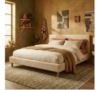 Lit (sommier + tête de lit) - SAMPUR - Prince - 90 x 190 cm - Tissu bouclette sable - Sommier à lattes inclus
