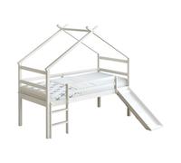 Sunny River Lit Cabane Avec Toboggan, En Bois, Blanc | Lit Pour Enfant Mi-Haut - Matelas Hybride 90X200 Inclus - Lit Montessori | Dimensions Totales: 213 X 186 X 183 Cm (Toboggan Compris)