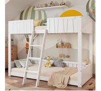 Lit Superpos Enfant 90x200cm - Lit Double Avec chelle Trois Marches Sommiers Lattes Et tagre Ouverte - Bois Blanc LITS SUPERPOSES