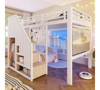 Lit superposé 140 x 200 cm avec escalier de rangement, barrière de sécurité, barre de suspension et éclairage LED réglable, lit en fer, lit mezzanine, sans matelas, blanc
