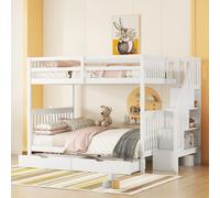 Lit superposé 140 x 200 cm, blanc, en pin et MDF - Lit mezzanine avec étagère intégrée à l'escalier et 2 tiroirs, lit bateau pour enfant avec barrière de sécurité EN747, matelas non fourni