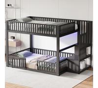 Lit superposé 140 x 200 cm en métal et MDF avec échelle intégrant un espace de rangement et éclairage LED, lit superposé robuste pour enfants et adultes, silencieux, sommier à lattes inclus, noir