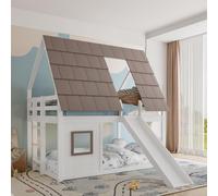 Lit superposé 140 x 200 cm, lit en forme de maison en pin et MDF avec toit et échelle, lit d'enfant haut de gamme de style rustique, lit ludique peu encombrant, blanc-marron