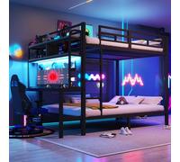 Lit superposé 140 x 200 cm, lit en métal avec bureau, éclairage LED et port USB, lit mezzanine avec rangement, noir (sans matelas)